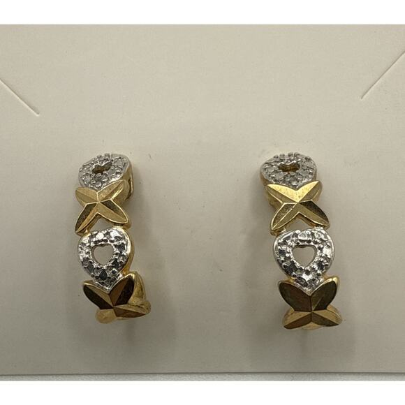 Gold Over Sterling Silver Earrings Diamond Accents Half Hoop XOXO Pierced - Picture 1 of 6